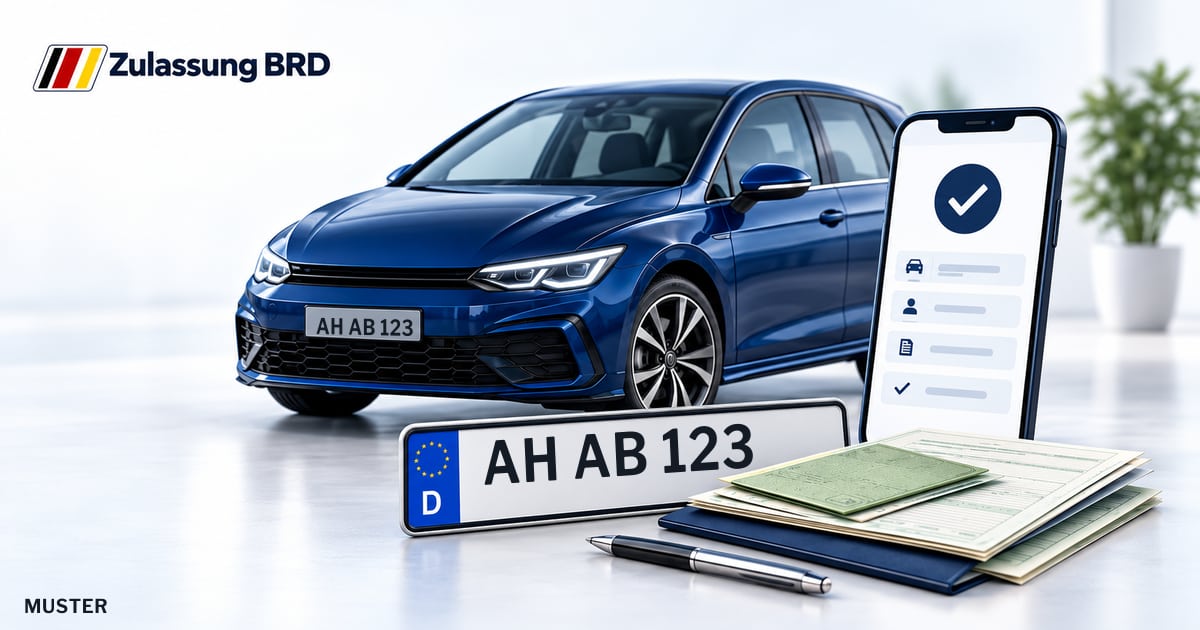 Online Fahrzeugzulassung in Rhede: Musterkennzeichen AH AB 123, Auto und Fahrzeugpapiere und Smartphone. Illustration mit Logo von Zulassung BRD.